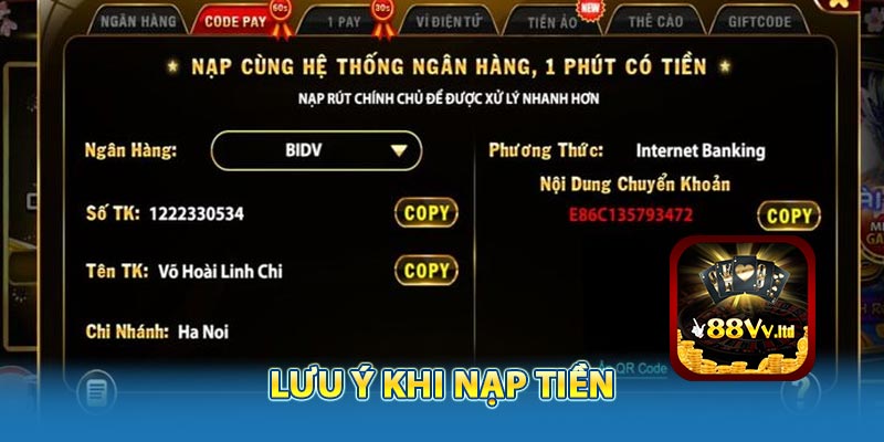 Những lưu ý khi nạp tiền 88VV